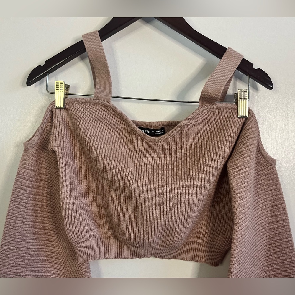 SHEIN Knitted Flared Sleeve Off the Shoulder Crop Top